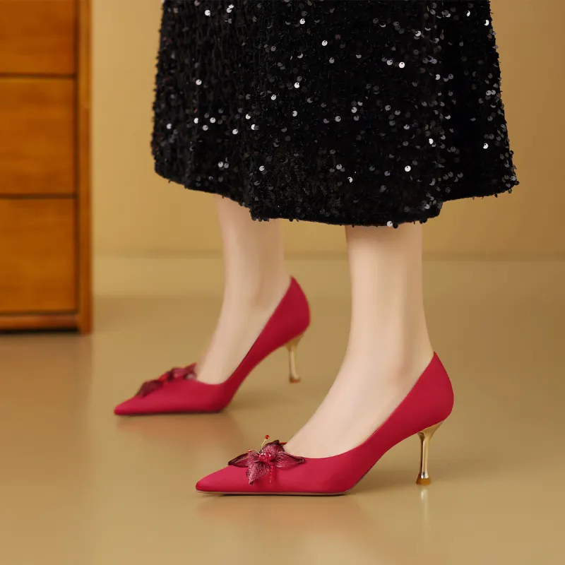 Mulinsen Slim Heel High Heels 7.3CM Women's Red-3