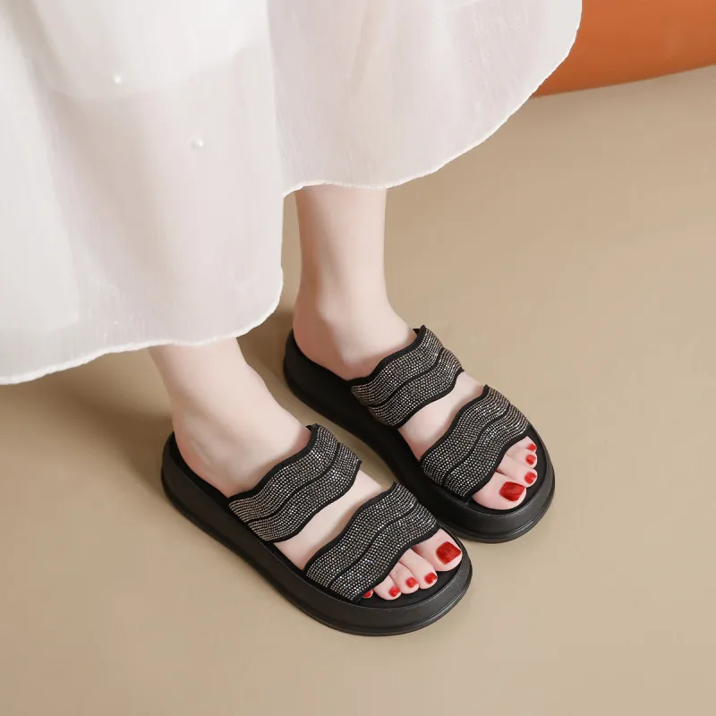 Mulinsen Stitching Rhinestone Abrasion Resistant Slide Slippers Women's-1
