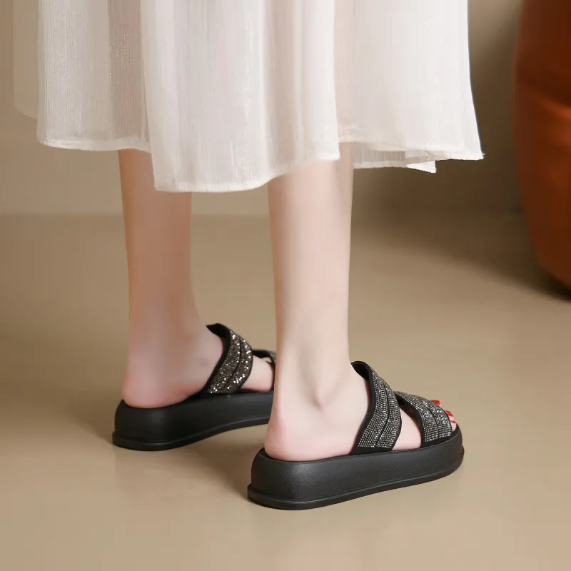 Mulinsen Stitching Rhinestone Abrasion Resistant Slide Slippers Women's-3