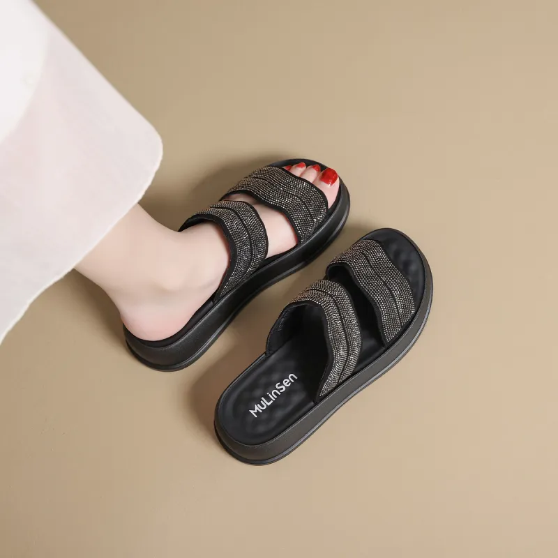 Mulinsen Stitching Rhinestone Abrasion Resistant Slide Slippers Women's-5