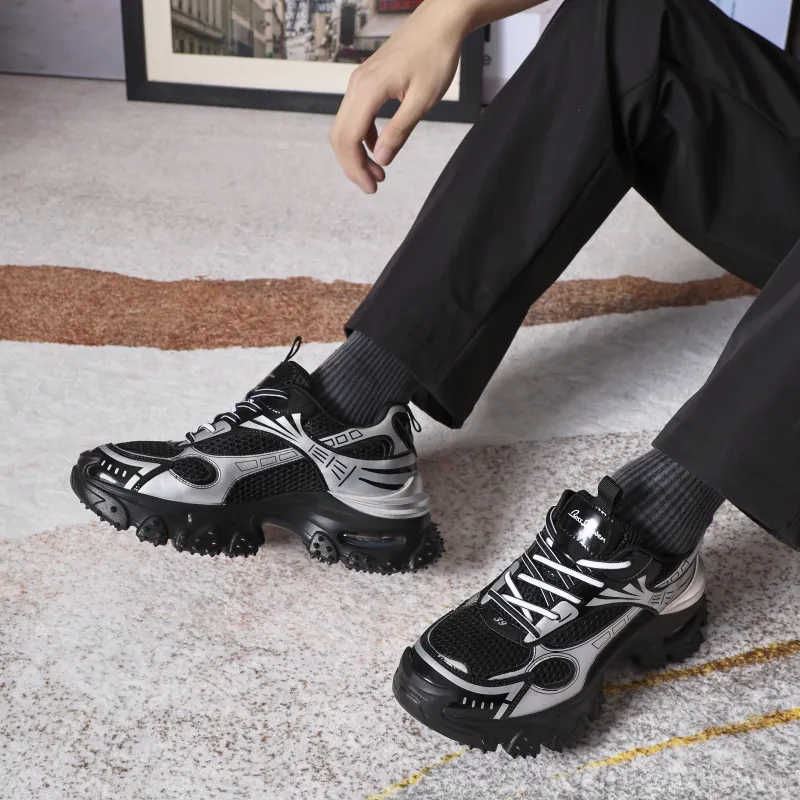 BOSSSUNWEN Anti Slip Wear Resistant Low Top Chunky Sneakers Unisex Black Silver-6