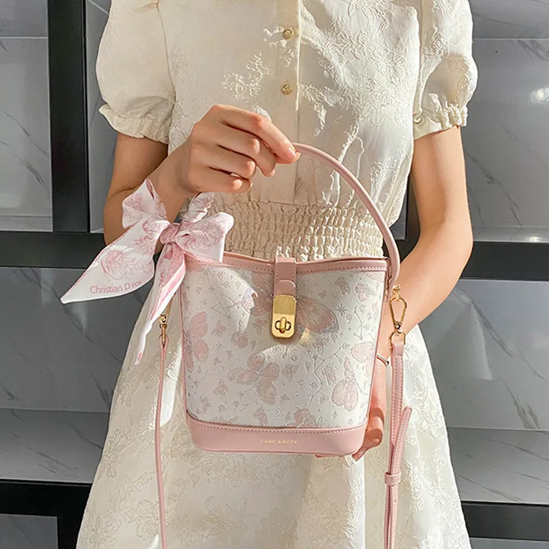 Carit&Koty Polyurethane Bonded Synthetic Leather Bucket Bag Crossbody Handbag Women's Gray/Pink-13