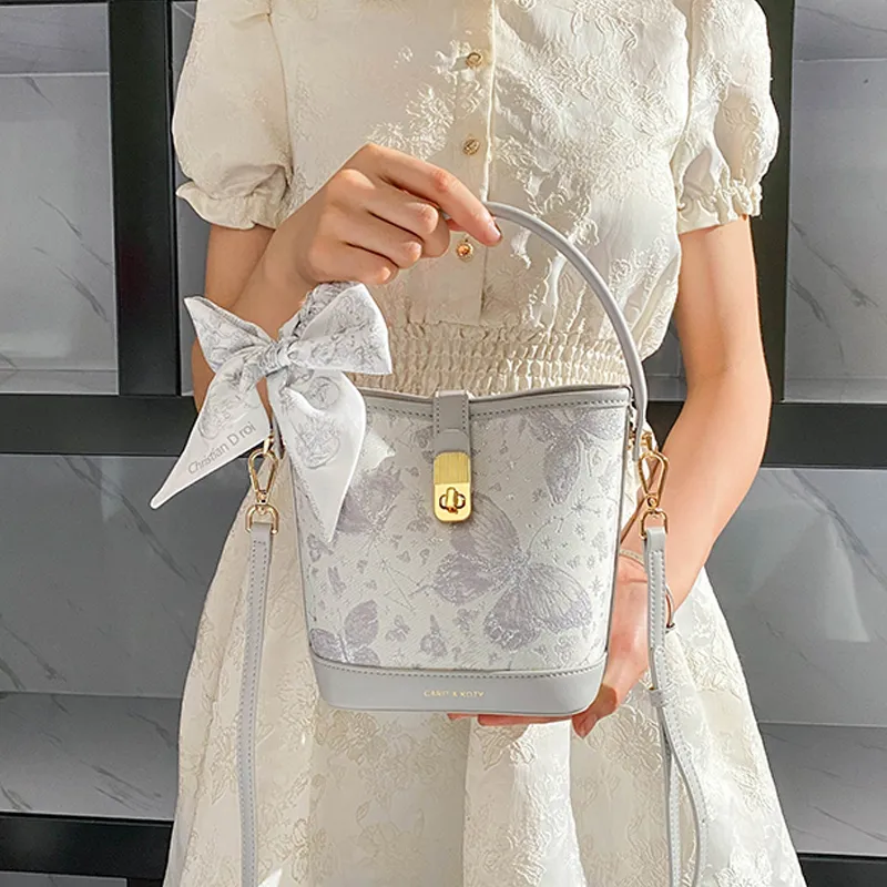 Carit&Koty Polyurethane Bonded Synthetic Leather Bucket Bag Crossbody Handbag Women's Gray/Pink-6