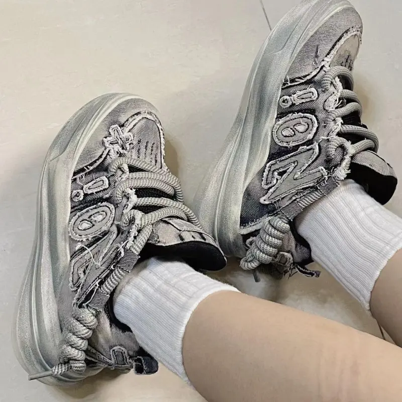 NOCOPY Cushioning Height Increasing Wear Resistant Slip Resistant Low Top Chunky Sneakers Unisex Washed Black-3