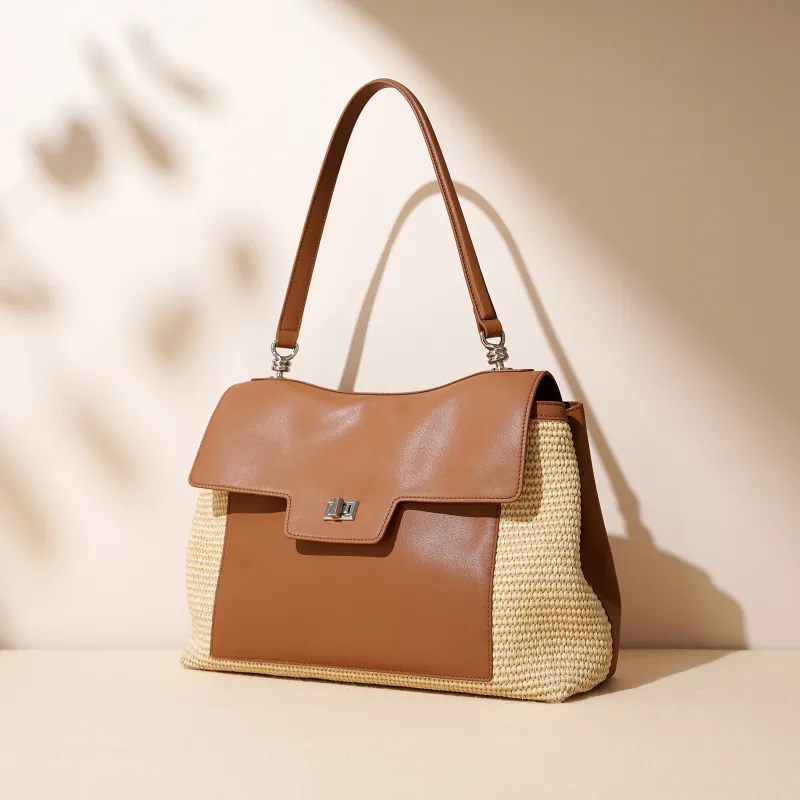 COURONNE Leather With PP Raffia Shoulder Bag Women's Gentleman Black/Bright Moon White/Caramel Brown-9