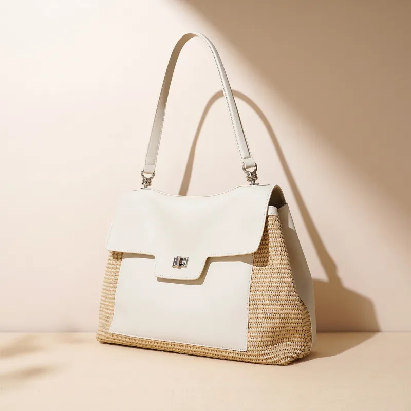 COURONNE Leather With PP Raffia Shoulder Bag Women's Gentleman Black/Bright Moon White/Caramel Brown-13