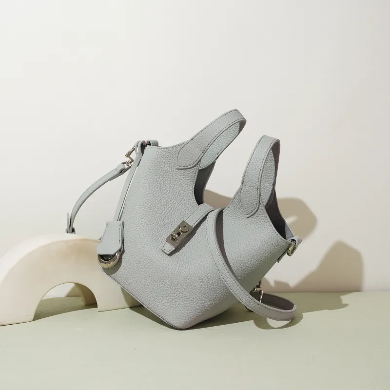 COURONNE Top Grain Cow Leather Handbag Women's Light Gray/Milkshake Pink/Black/Chick Yellow-9