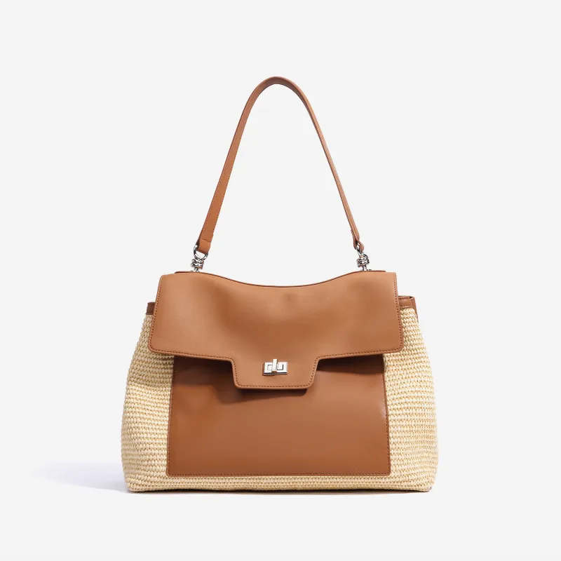 COURONNE Leather With PP Raffia Shoulder Bag Women's Gentleman Black/Bright Moon White/Caramel Brown-2