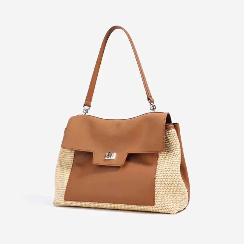 COURONNE Leather With PP Raffia Shoulder Bag Women's Gentleman Black/Bright Moon White/Caramel Brown-3