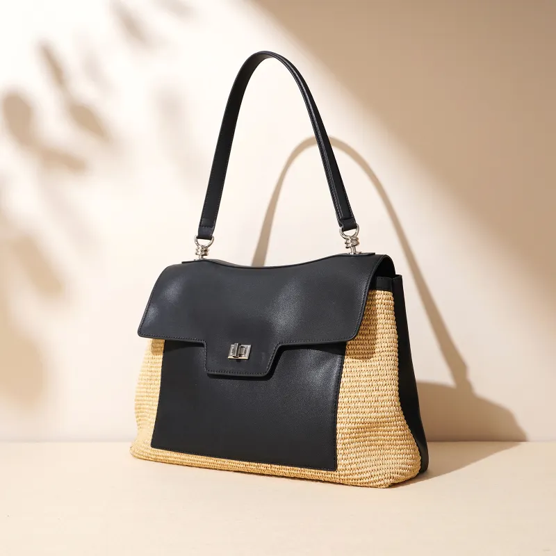 COURONNE Leather With PP Raffia Shoulder Bag Women's Gentleman Black/Bright Moon White/Caramel Brown-16