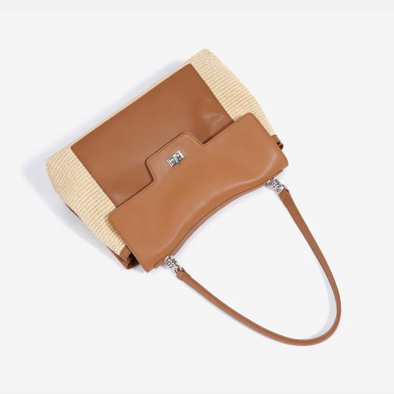 COURONNE Leather With PP Raffia Shoulder Bag Women's Gentleman Black/Bright Moon White/Caramel Brown-4