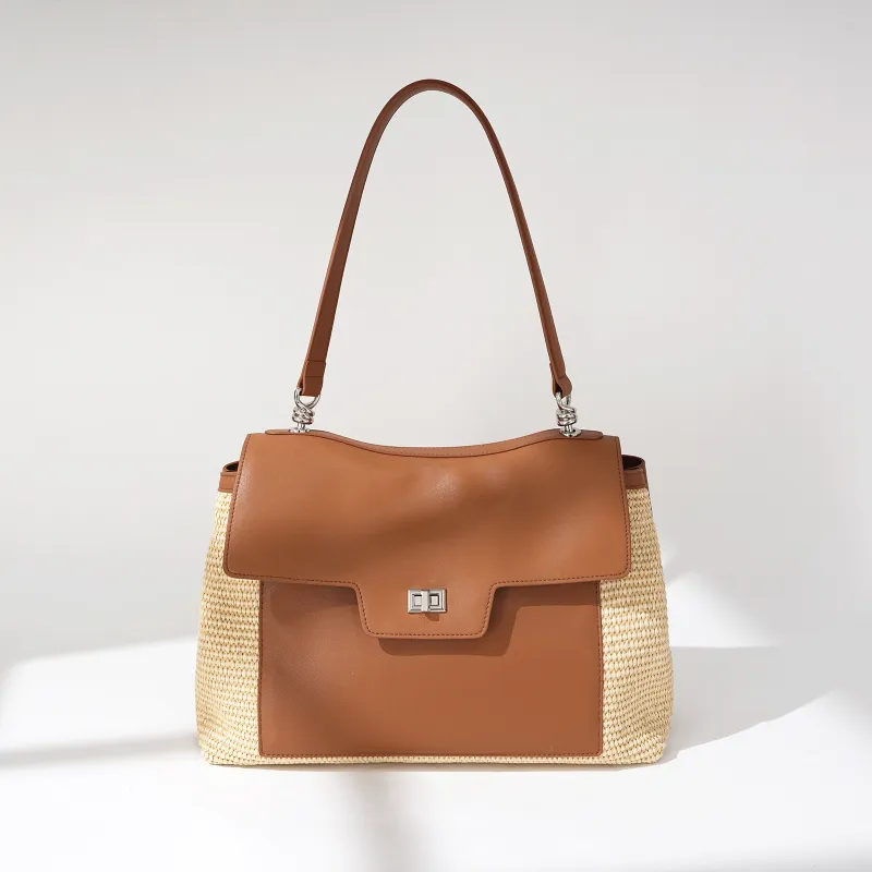 COURONNE Leather With PP Raffia Shoulder Bag Women's Gentleman Black/Bright Moon White/Caramel Brown-6