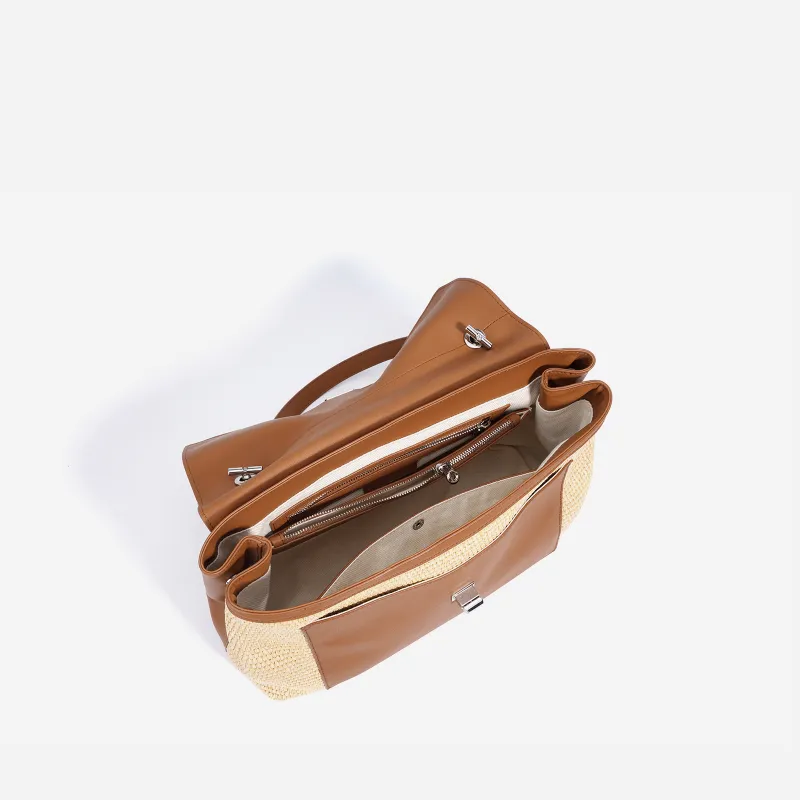 COURONNE Leather With PP Raffia Shoulder Bag Women's Gentleman Black/Bright Moon White/Caramel Brown-5