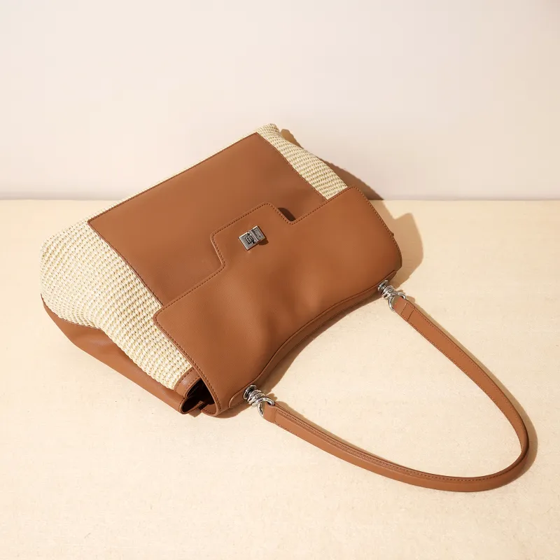COURONNE Leather With PP Raffia Shoulder Bag Women's Gentleman Black/Bright Moon White/Caramel Brown-10