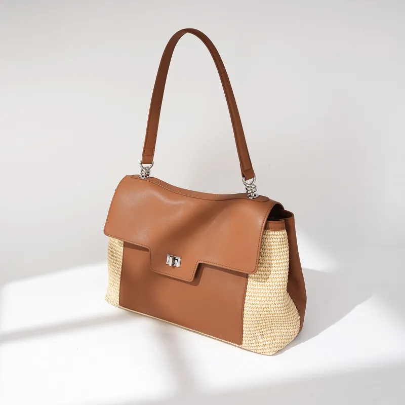 COURONNE Leather With PP Raffia Shoulder Bag Women's Gentleman Black/Bright Moon White/Caramel Brown-7