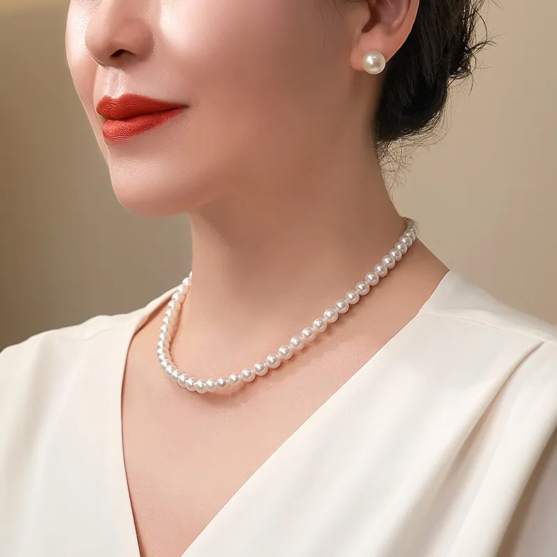 Luxury Beads Pearl Necklace, Stud Earrings Set Women's-3
