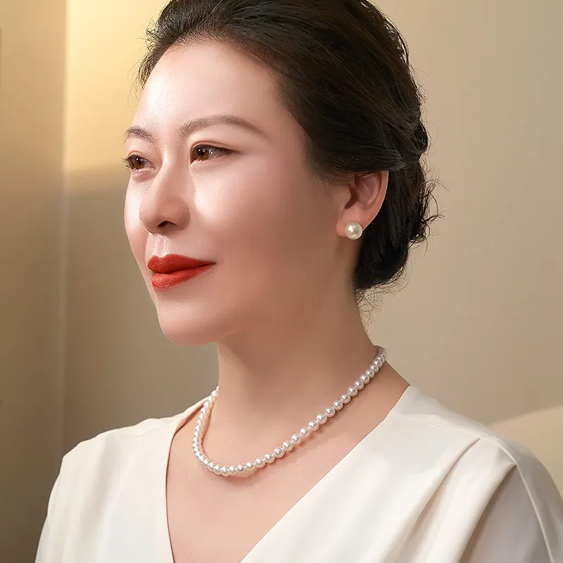 Luxury Beads Pearl Necklace, Stud Earrings Set Women's-2