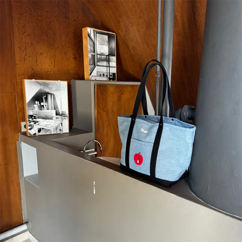 Tagi. Large Capacity Commute With Stiffness Vintage Lightweight Canvas Tote Handbag, Shoulder Bag Tubas Unisex Denim-3