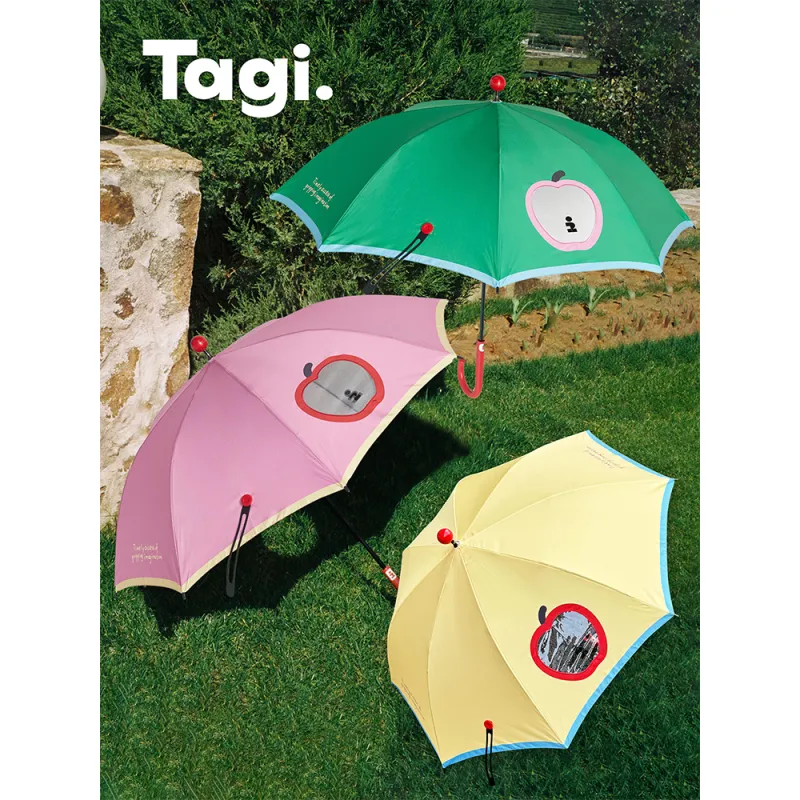 Tagi. Imagining Apple Rain Baby Umbrella Safety Transparent Small Window Patchwork Cute Button Long Handle Umbrella-1