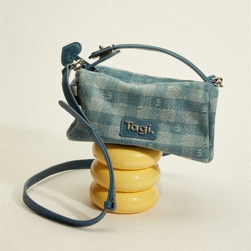 Tagi. Cow Leather Crossbody Bag, Handbag Regular Women's Plaid Denim-4