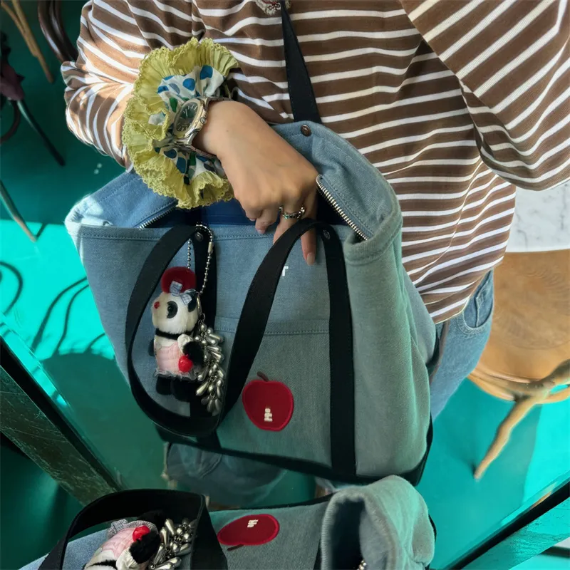 Tagi. Large Capacity Commute With Stiffness Vintage Lightweight Canvas Tote Handbag, Shoulder Bag Tubas Unisex Denim-2