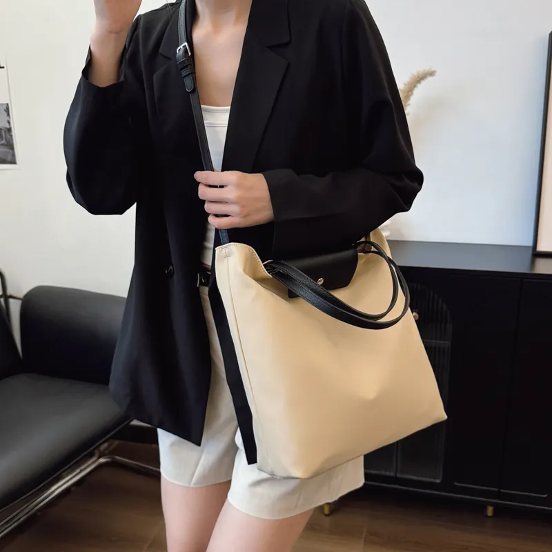 Debecca Fabric Tote Shoulder Bag, Crossbody Bag, Handbag Unisex Black/Khaki-7