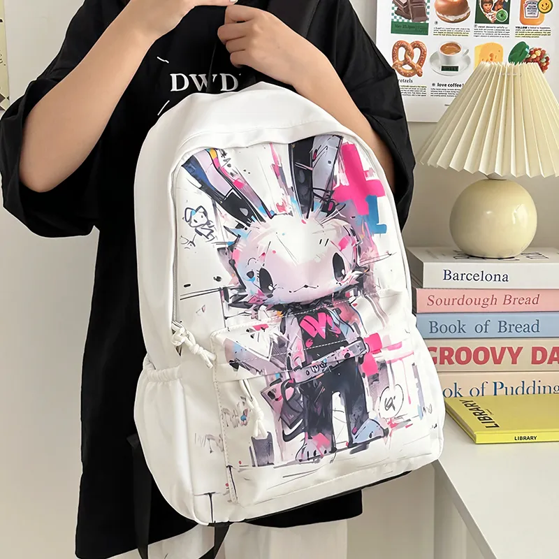 OUZIHUANG Nylon Backpack Regular Unisex White Rabbit/Black Rabbit-5