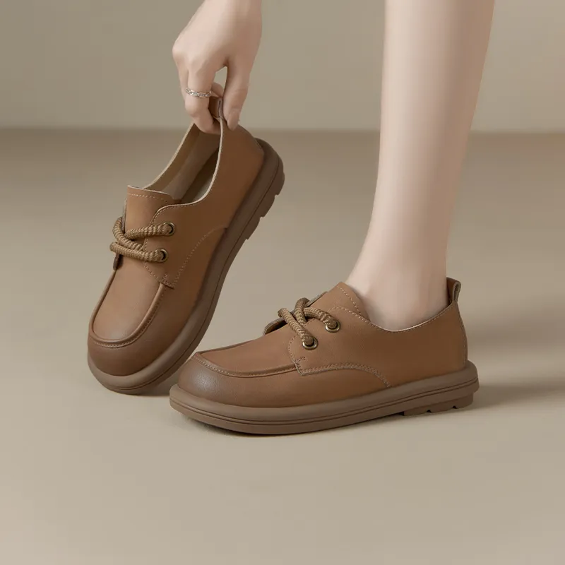 JOSINY British Style Small Leather Shoes Loafers 3cm Women's Camel-6
