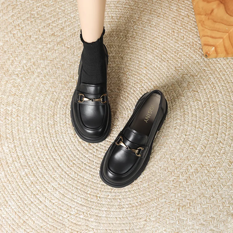 JOSINY British Style Platform Slip-on Small Leather Shoes Loafers 4cm Women's Black-5