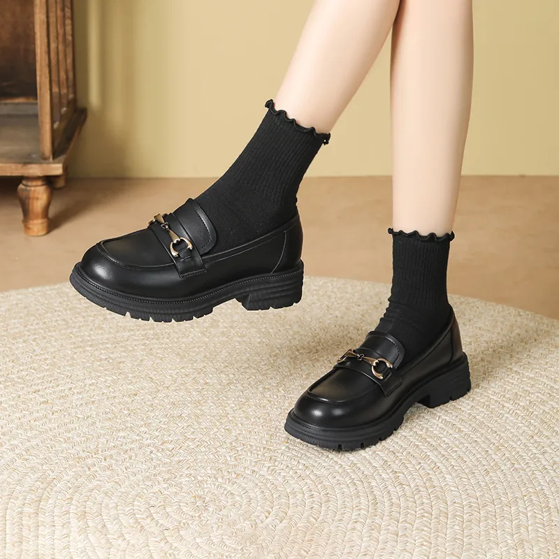 JOSINY British Style Platform Slip-on Small Leather Shoes Loafers 4cm Women's Black-4