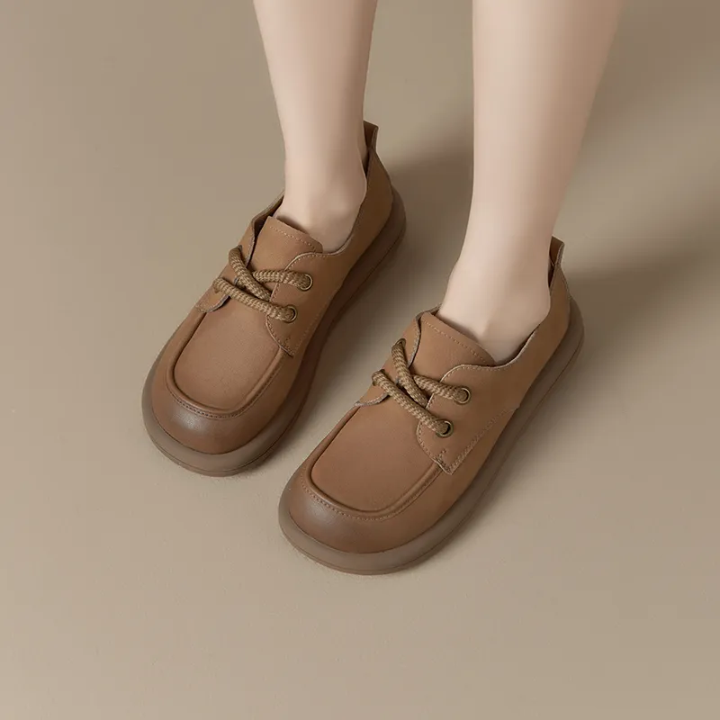 JOSINY British Style Small Leather Shoes Loafers 3cm Women's Camel-3