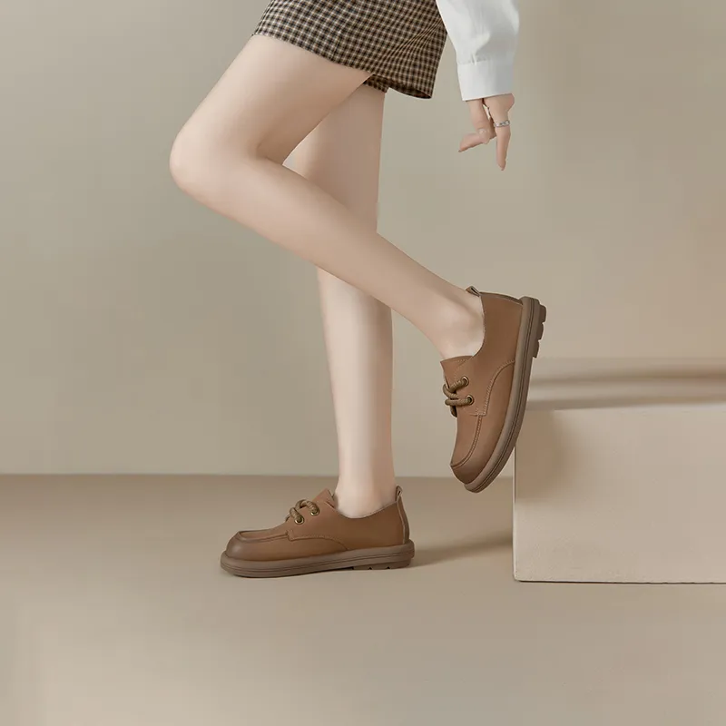 JOSINY British Style Small Leather Shoes Loafers 3cm Women's Camel-4