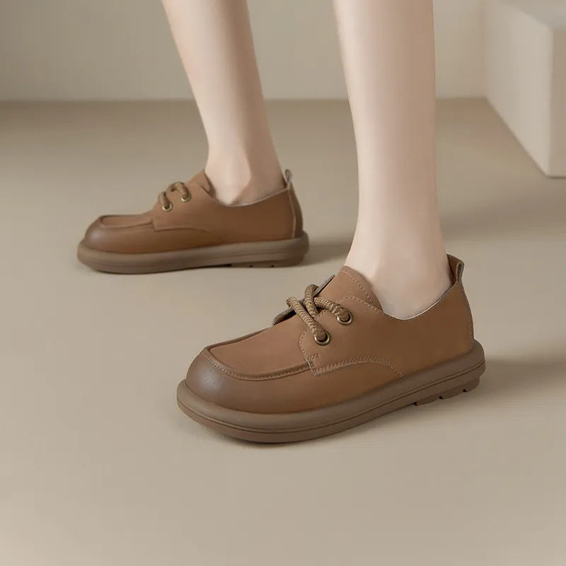 JOSINY British Style Small Leather Shoes Loafers 3cm Women's Camel-5