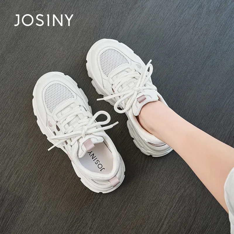 JOSINY Anti Slip Wear Resistant Low Top Chunky Sneakers Women's Beige/Pink-6