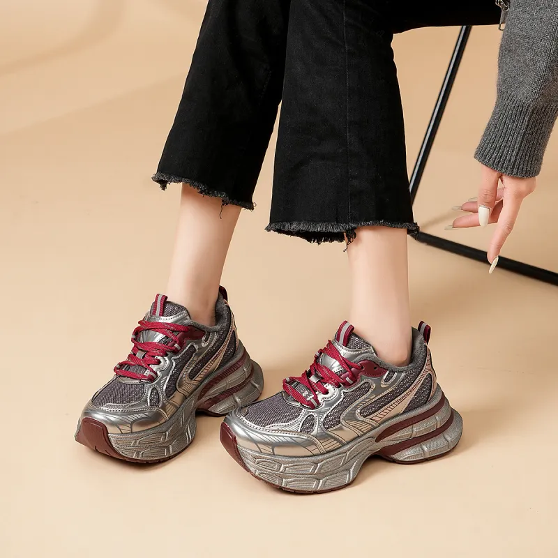 OMS Height Increasing Wear Resistant Slip Resistant Low Top Chunky Sneakers Women's-4
