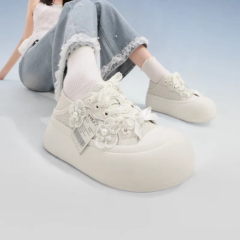 TTKJ Height Increasing Slip Resistant Low Top Casual Shoes Women's Almond White-1