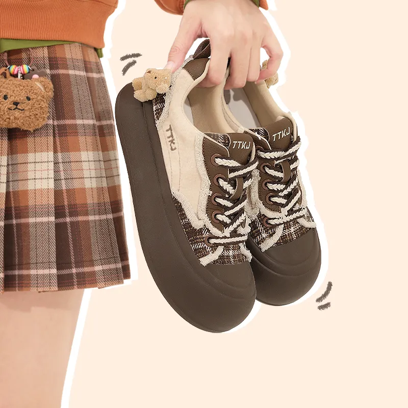 TTKJ Height Increasing Wear Resistant Slip Resistant Low Top Skateboard Shoes Women's Teddy Brown-5