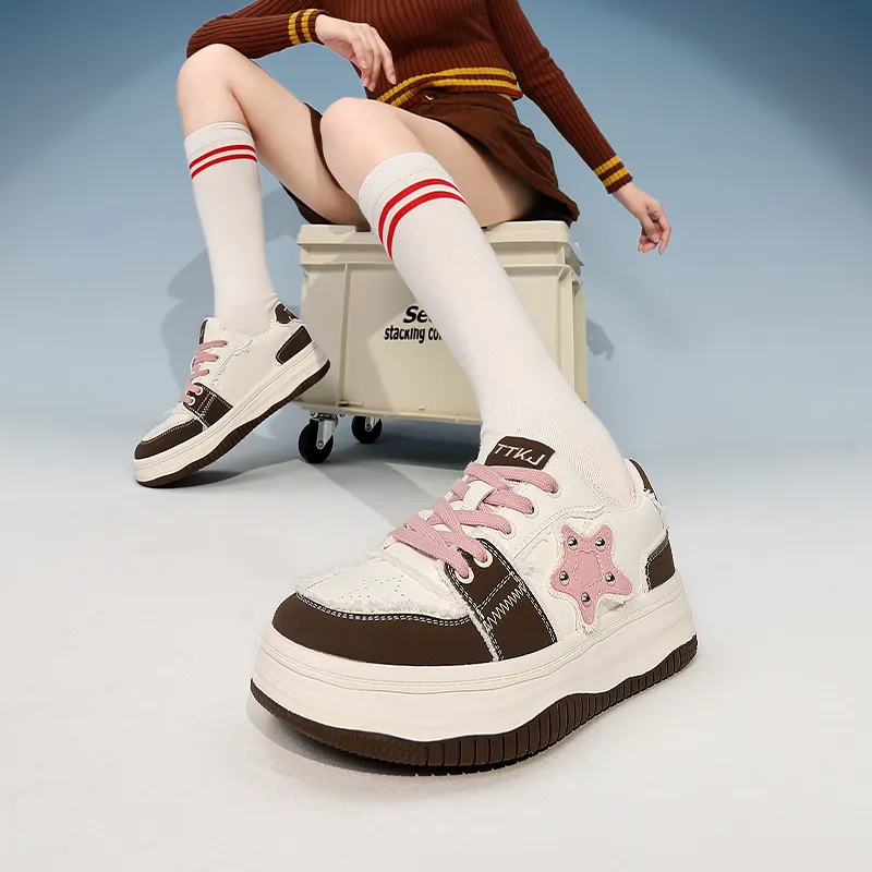 TTKJ Coverage Cushioning Wear Resistant Height Increasing Low Top Skateboard Shoes Women's Pink Brown-4