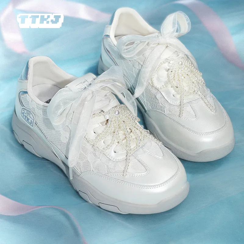TTKJ Trendy Lace Design Ballet Dad Shoes Slip Resistant, Height Increasing, And Breathable Low Top Casual Shoes Women's-1