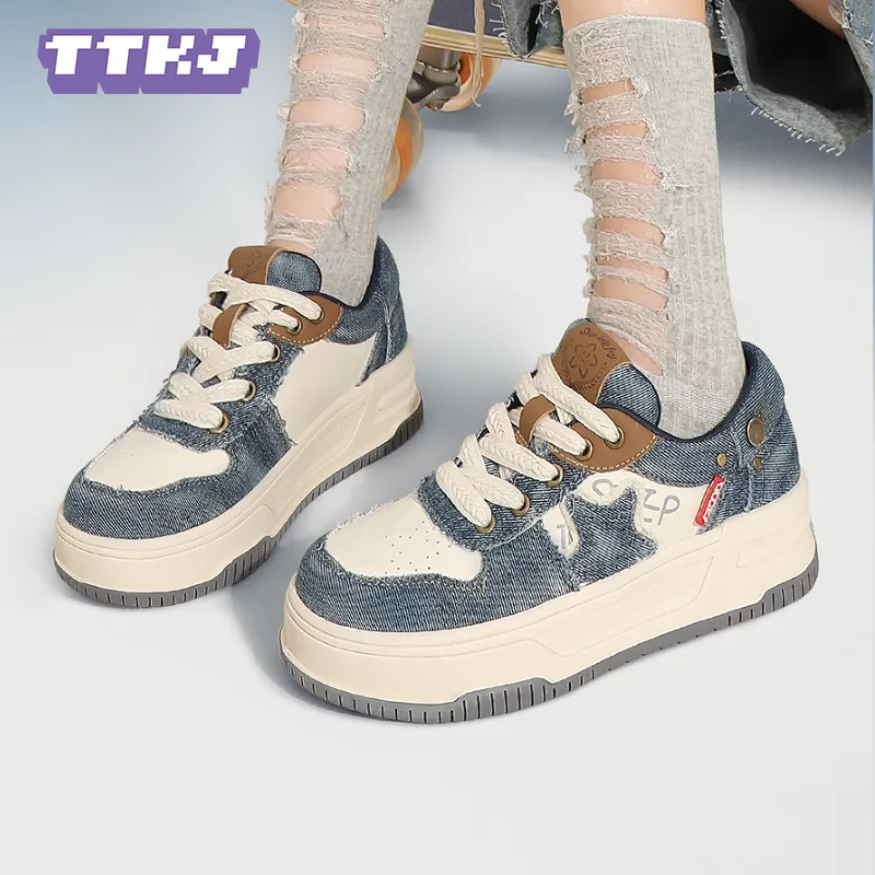 TTKJ Cushioning Height Increase With Slip Resistant Properties Low Top Skateboard Shoes Women's Washed Blue-1
