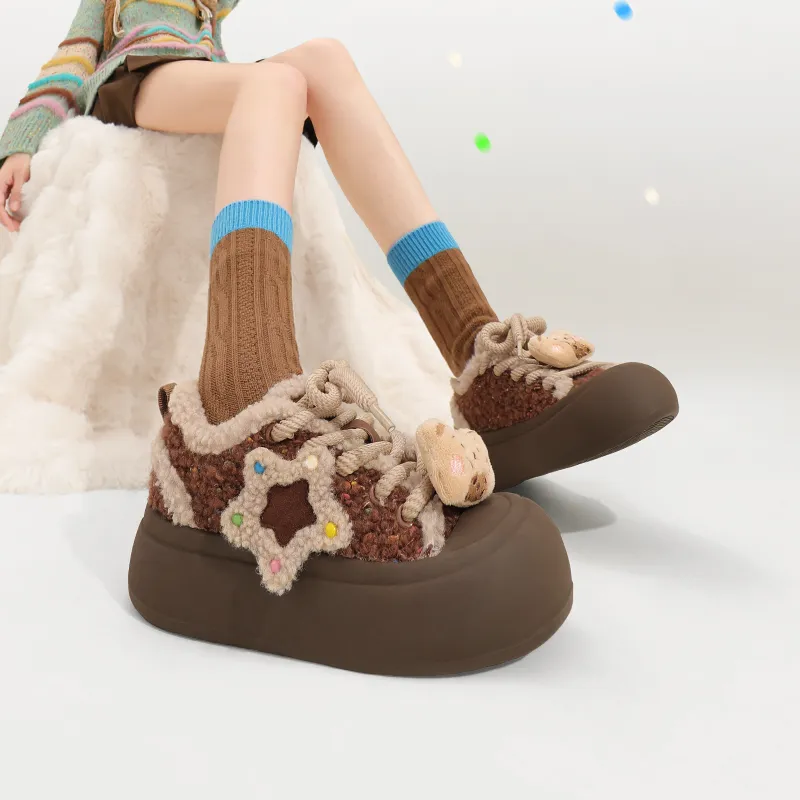 TTKJ Cushioned Wear Resistant Height Increasing Warm Low Top Casual Shoes Women's Sugar Bean Brown-4