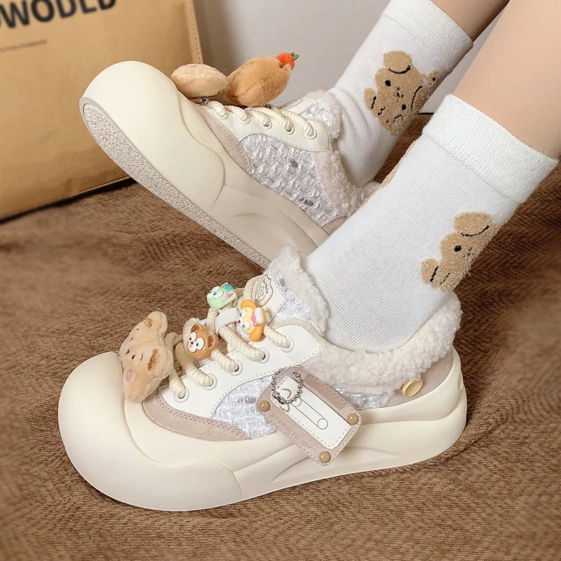 TTKJ Height Increasing Warmth Coverage Low Top Casual Shoes Women's Milk Tea Apricot-6