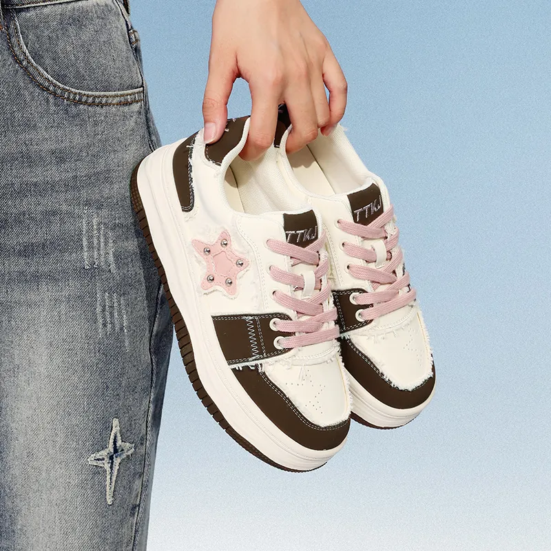 TTKJ Coverage Cushioning Wear Resistant Height Increasing Low Top Skateboard Shoes Women's Pink Brown-5