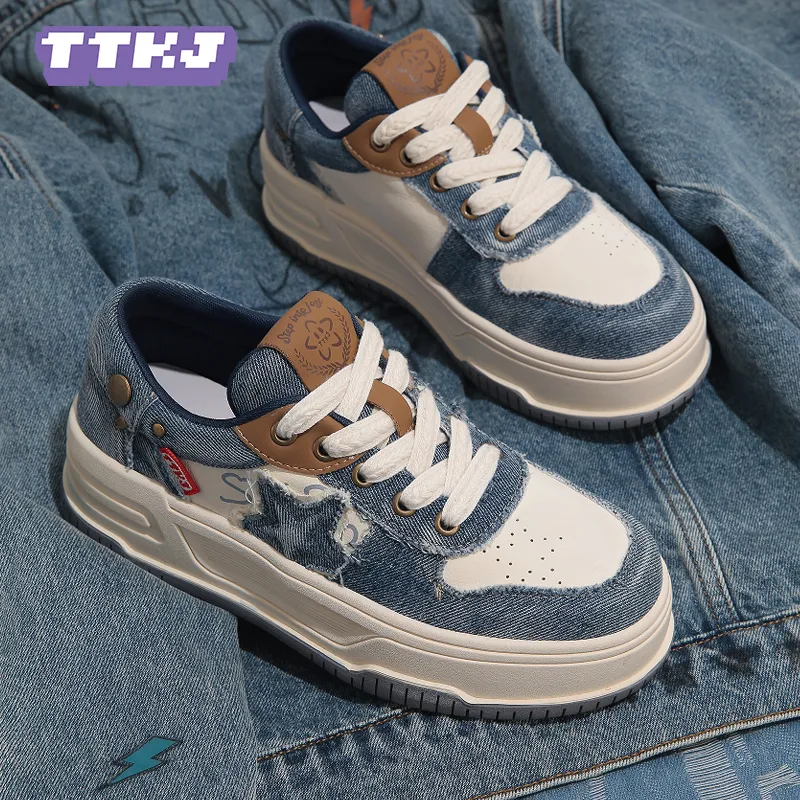 TTKJ Cushioning Height Increase With Slip Resistant Properties Low Top Skateboard Shoes Women's Washed Blue-7