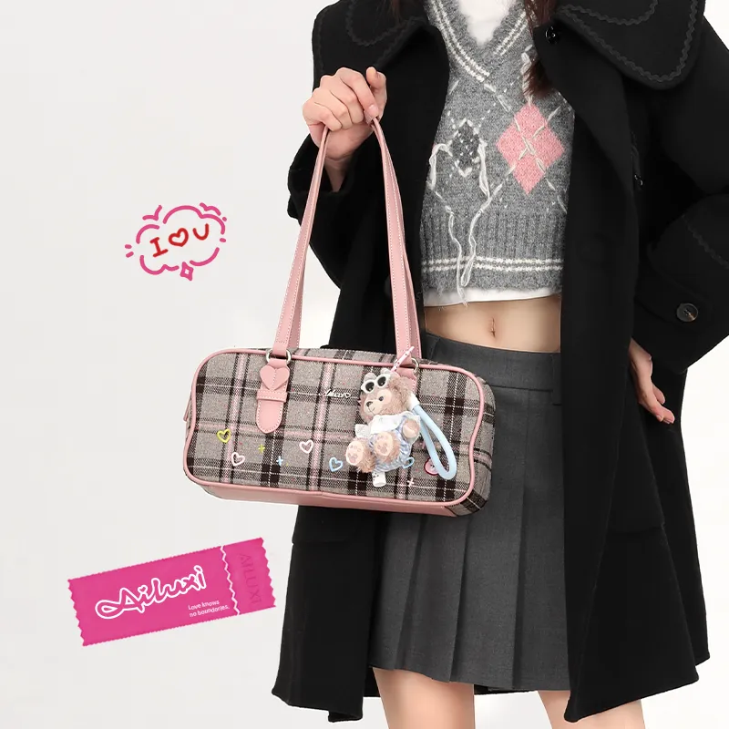 AILUXI Fabric With Synthetic Leather Shoulder Bag Women's Gray Mist Pink-4