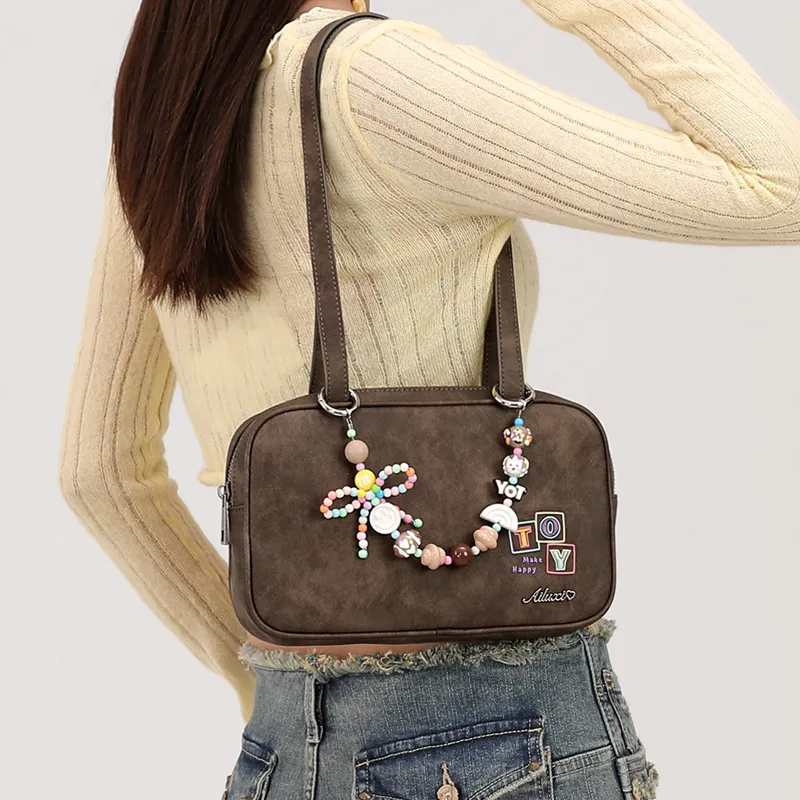 AILUXI Dopamine Dressing Pendant Bowling Bag Shoulder Bag Regular Women's Maillard Style Milk Chocolate-4