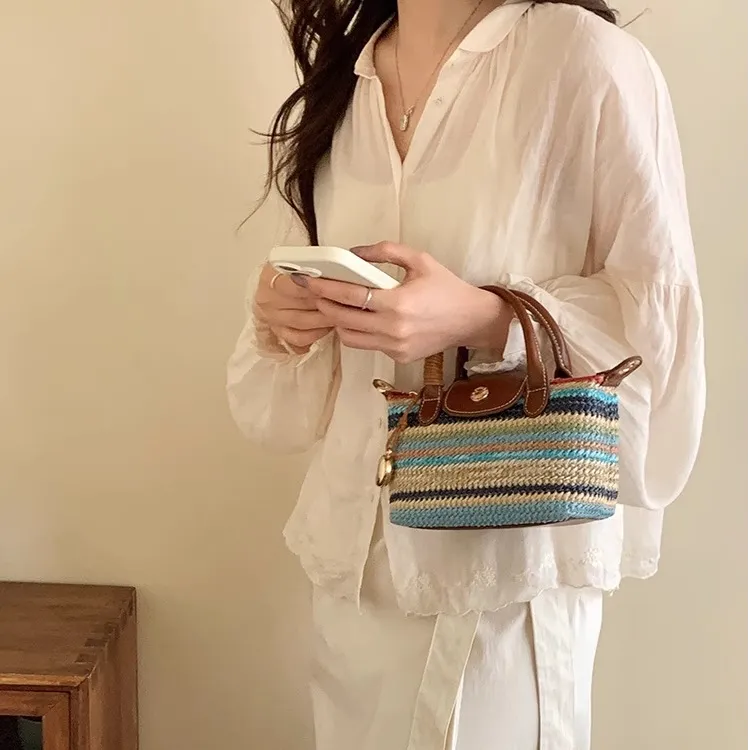 PAYOT Straw Woven Tote Shoulder Bag, Crossbody Bag, Handbag Women's Multicolor Stripes/Light Yellow/Light Blue-1