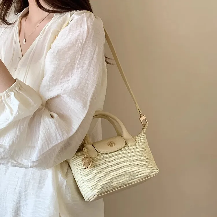 PAYOT Straw Woven Tote Shoulder Bag, Crossbody Bag, Handbag Women's Multicolor Stripes/Light Yellow/Light Blue-7