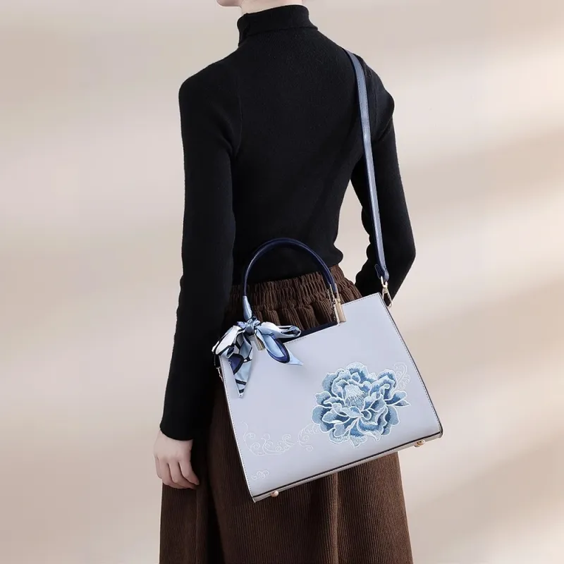 PAYOT Microfiber Synthetic Leather Shoulder Bag Crossbody Bag Handbag Women's Blue Peony-3
