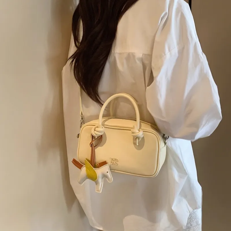 PAYOT Microfiber Synthetic Leather Boston Bag, Shoulder Bag, Crossbody Bag, Handbag Women's Light Yellow/Light Blue-4